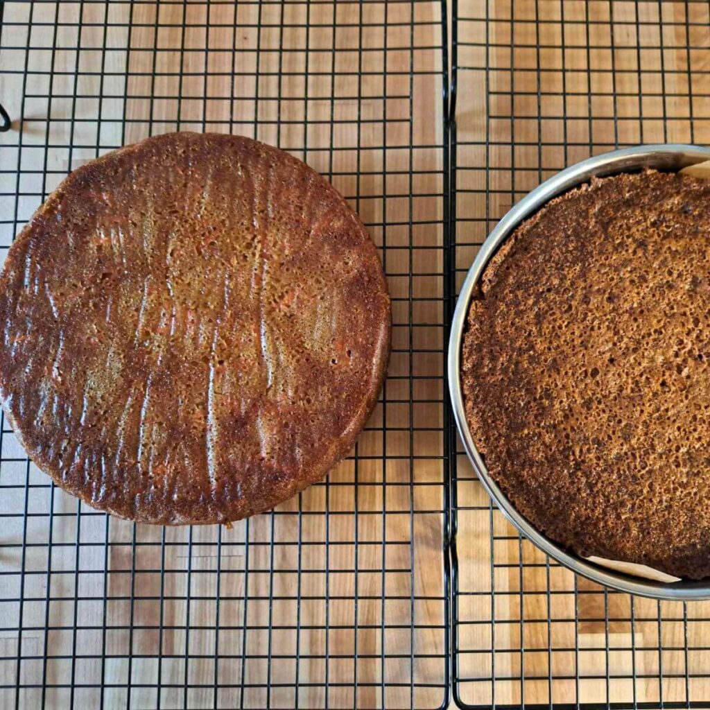 baked carrot cake layers cooling on cooling rack