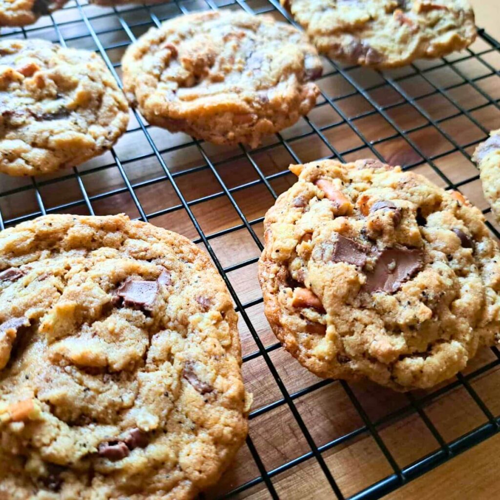 compost cookies made with fresh milled flour on a cooling rack