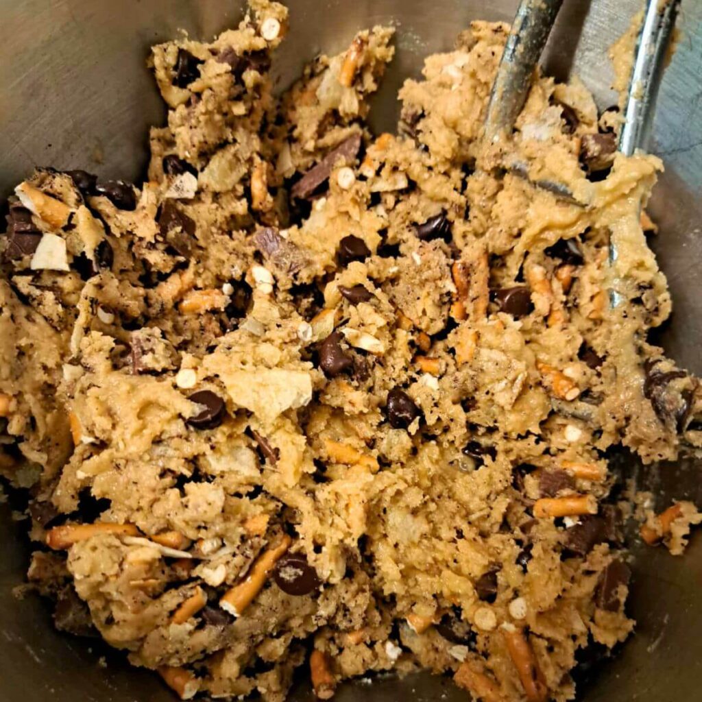 compost cookie dough made with fresh milled flour ready to be scooped and baked