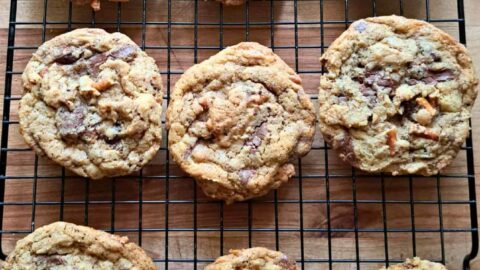 compost cookies made with fresh milled flour. add ins are chocolate chip, potato chips, pretzels, and coffee grounds