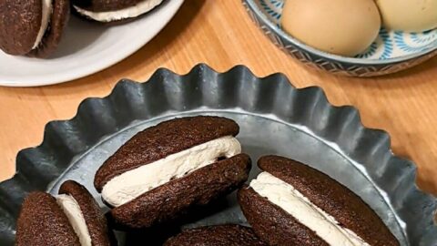 Whoopie pies made with fresh milled flour and marshmallow buttercream filling