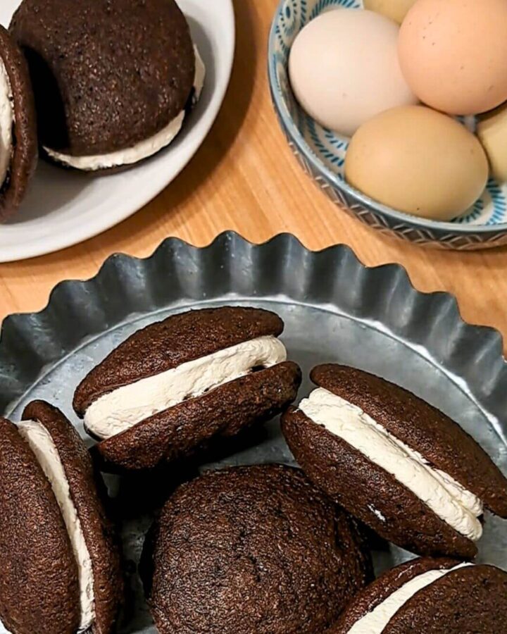 Whoopie pies made with fresh milled flour and marshmallow buttercream filling