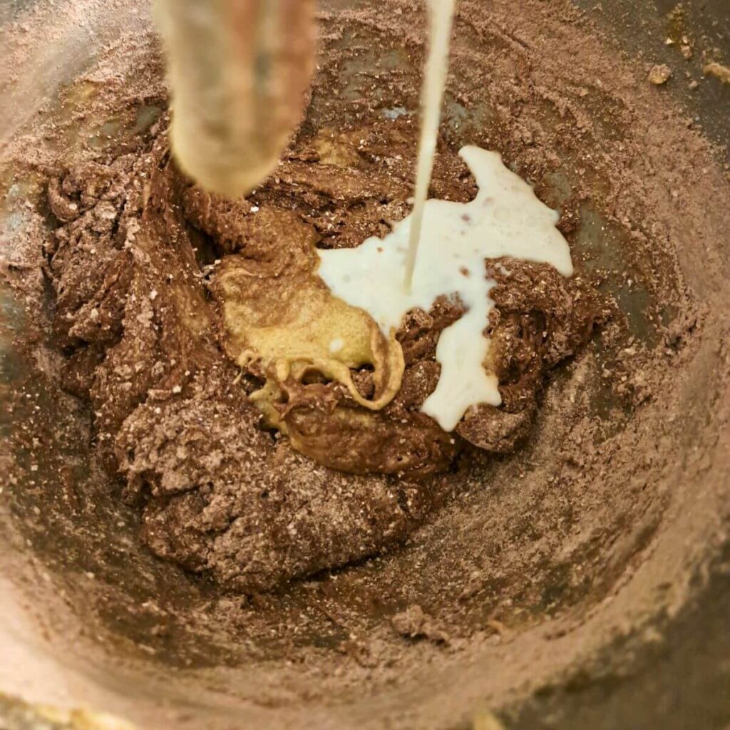 adding buttermilk mixture to whoopie pie batter