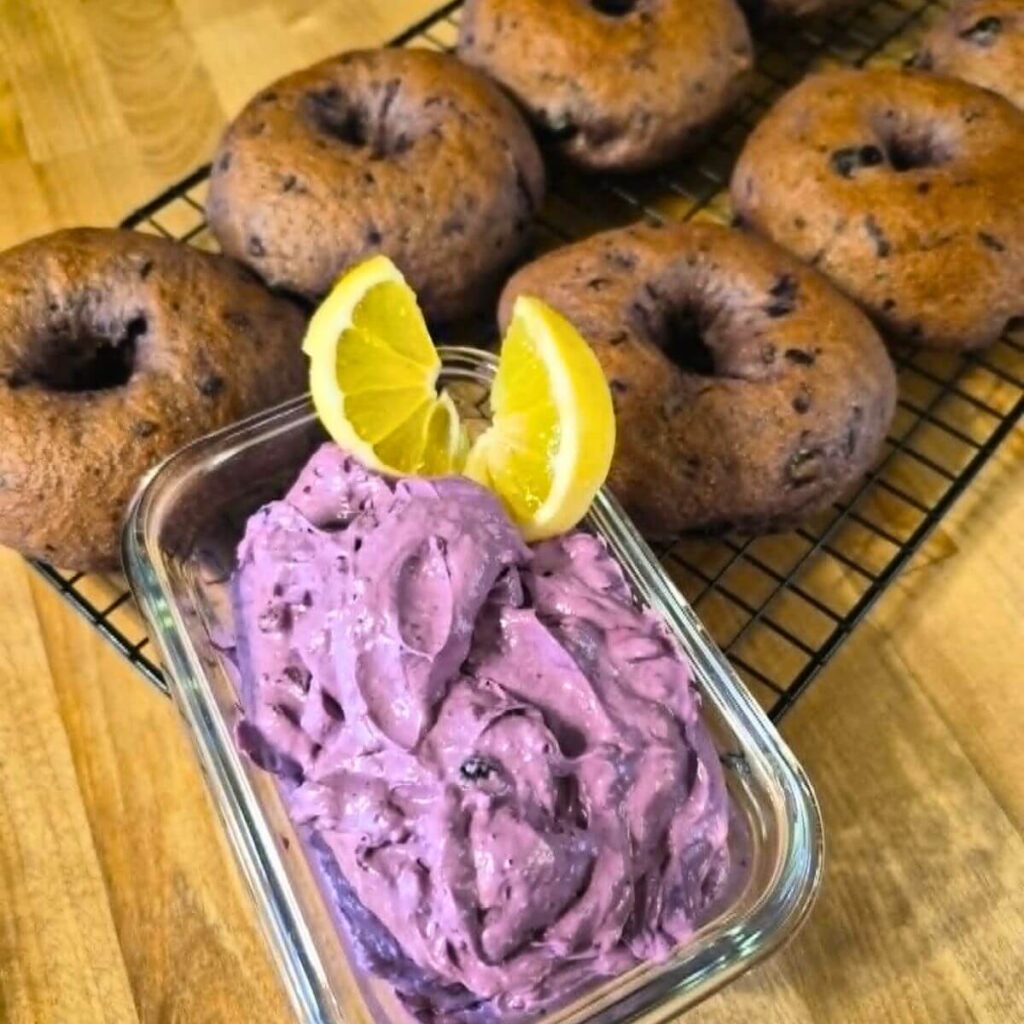 fresh milled flour blueberry bagels with blueberry lemon cream cheese