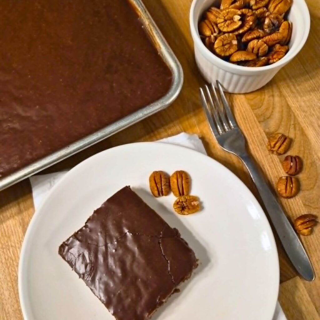 Texas sheet cake made with fresh milled flour with pecans