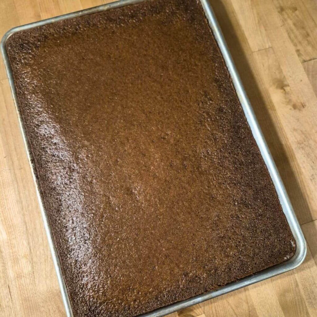 baked fresh milled Texas sheet cake before icing